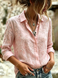Cotton Linen Flower Embroidery Printed Long Sleeved Shirt