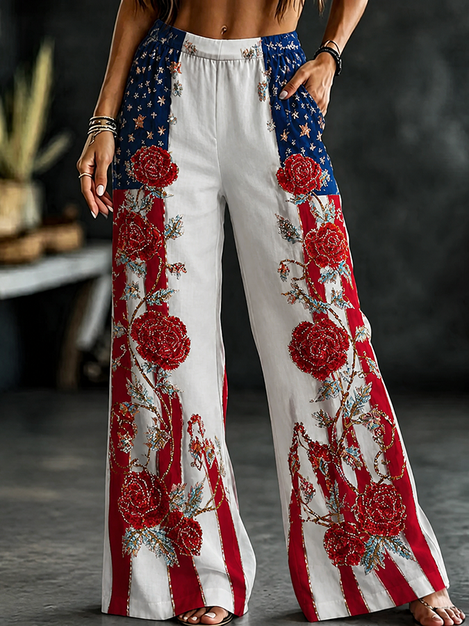Ladies' Flag Floral Printed Casual Loose Pants