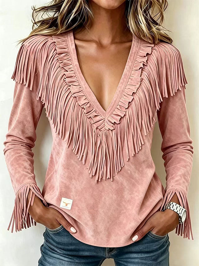 Women'S Casual Tassel Suede Autumn And Winter V-Neck Slim Fit Top