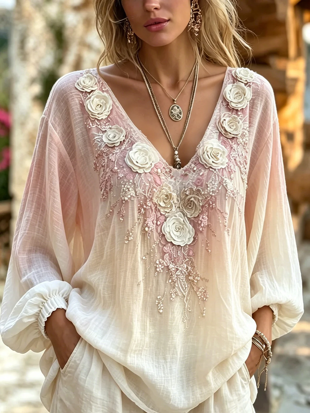 Women's Pink Floral Pattern Print Casual Cotton-Linen Shirt