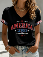 Women's Casual American 250 Celebration Printed V-Neck T-Shirt