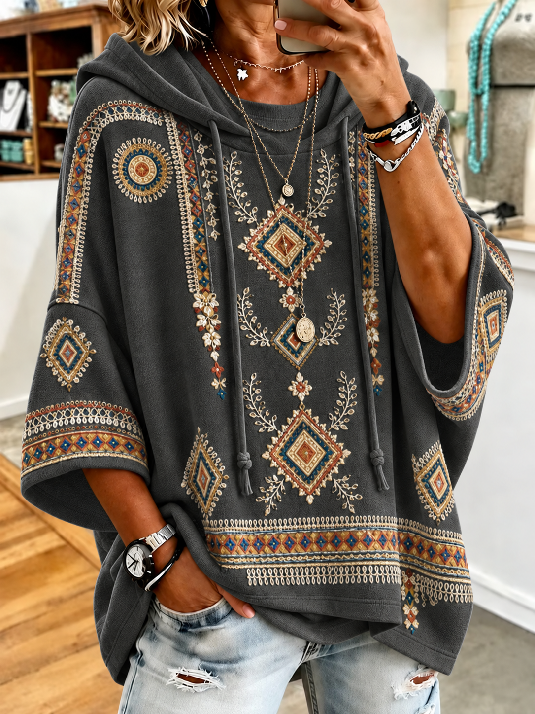 Women’s Retro Western Style Print Hoodie