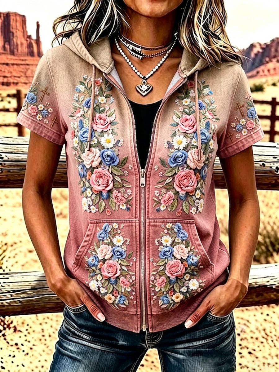 Ladies' Western Style Floral Zipper Hooded Top