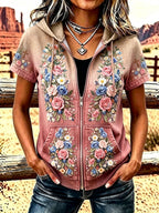 Ladies' Western Style Floral Zipper Hooded Top