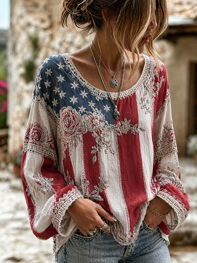 Women's casual Independence Day retro cotton and linen shirt