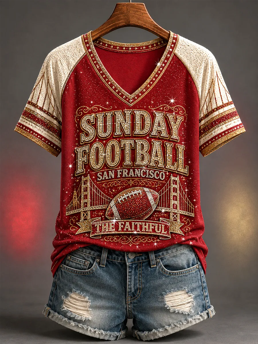 Women's Football Gameday Gift For Football Fans Casual V-Neck Tee