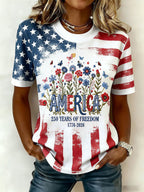 Women'S Casual American Independence Day 250Th Anniversary Founding Celebration Commemorative Print Round Neck Short Sleeved T-Shirt