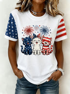 Women's American Flag Kittens Printed Casual T-shirt