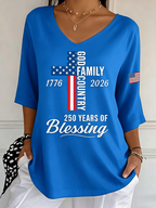 Women's God Family Country Flag Cross V Neck 3/4 Sleeve Casual Tee