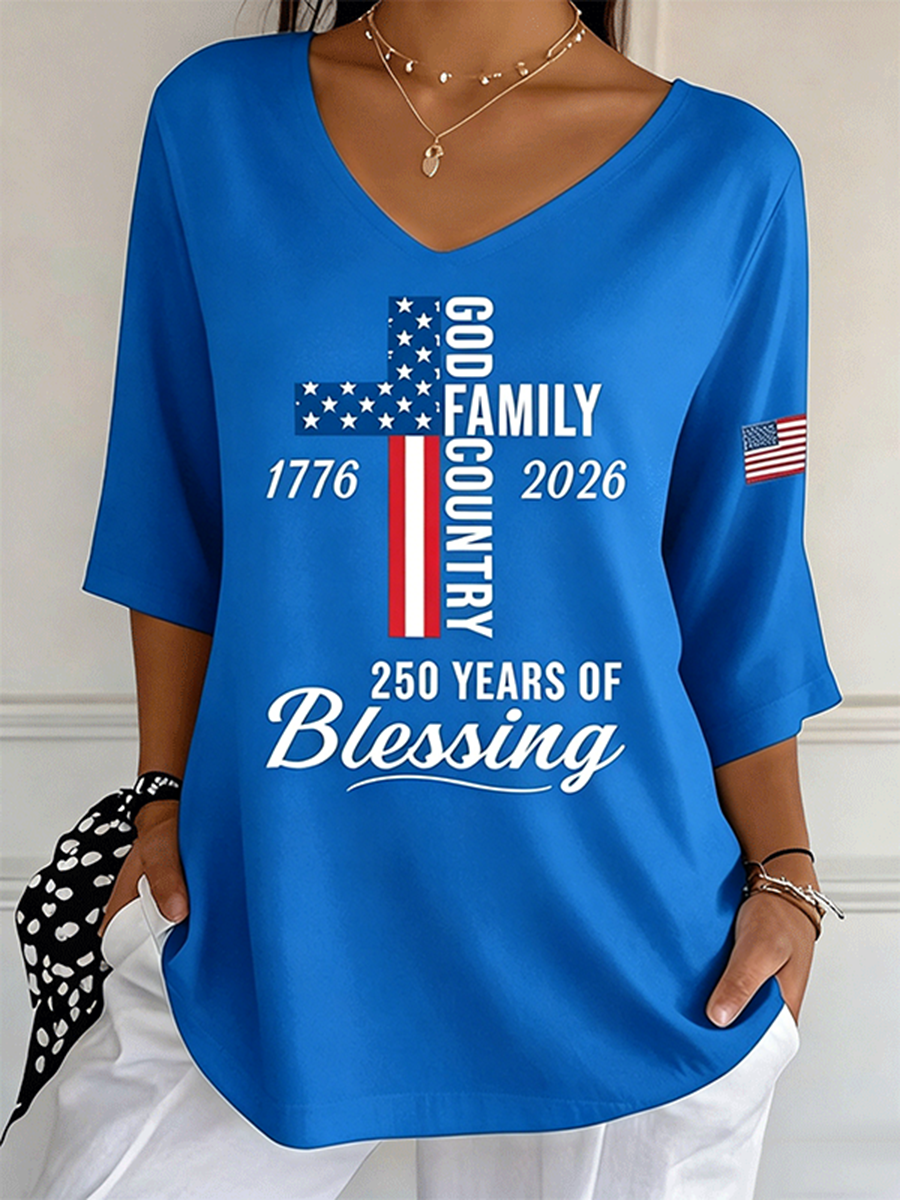 Women's God Family Country Flag Cross V Neck 3/4 Sleeve Casual Tee
