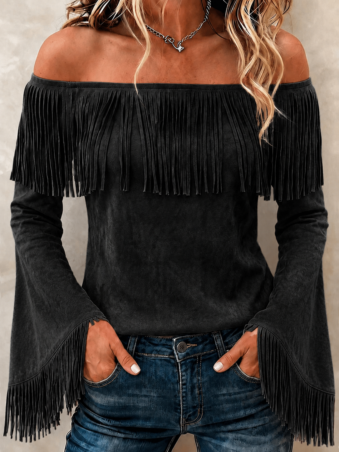 Women'S Solid Color Multi-Color Retro Suede Trumpet Sleeve Tassel Long Sleeved Top