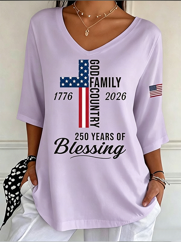 Women's God Family Country Flag Cross V Neck 3/4 Sleeve Casual Tee