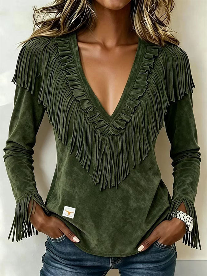 Women'S Casual Tassel Suede Autumn And Winter V-Neck Slim Fit Top
