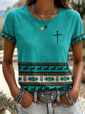 Women's Western Style Cross Round Neck T-Shirt