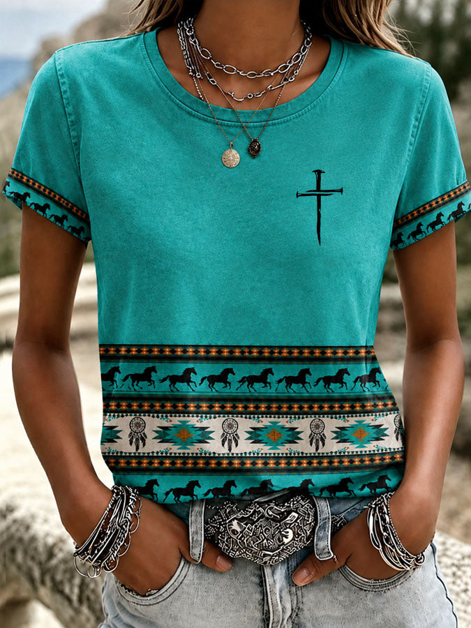 Women's Western Style Cross Round Neck T-Shirt