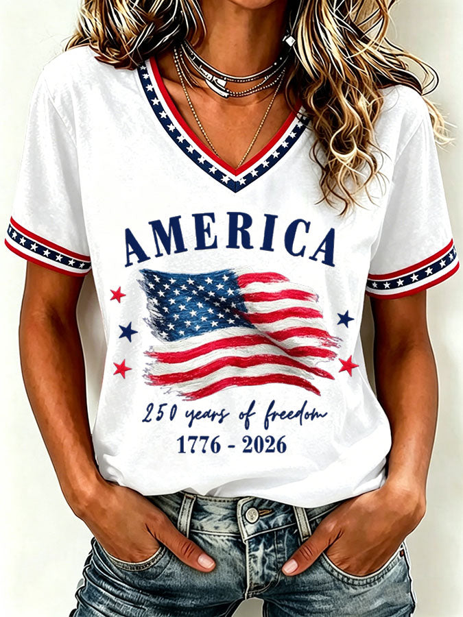 Women'S America Flag Floral Print Casual V-Neck T-Shirt