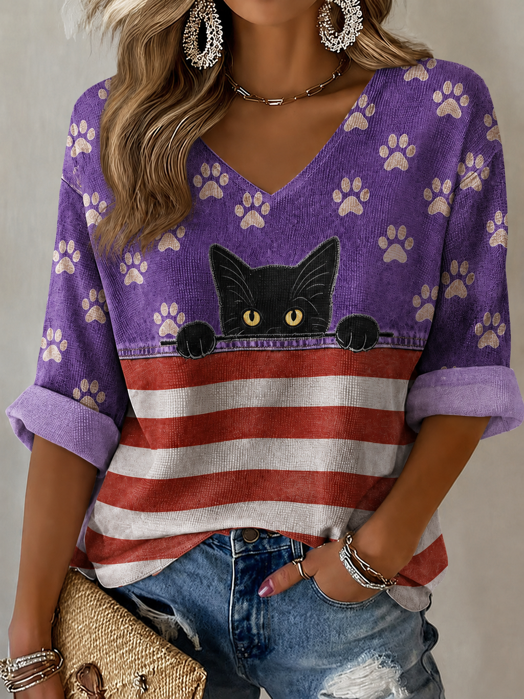 Women's American Flag Cat Printed Casual T-shirt
