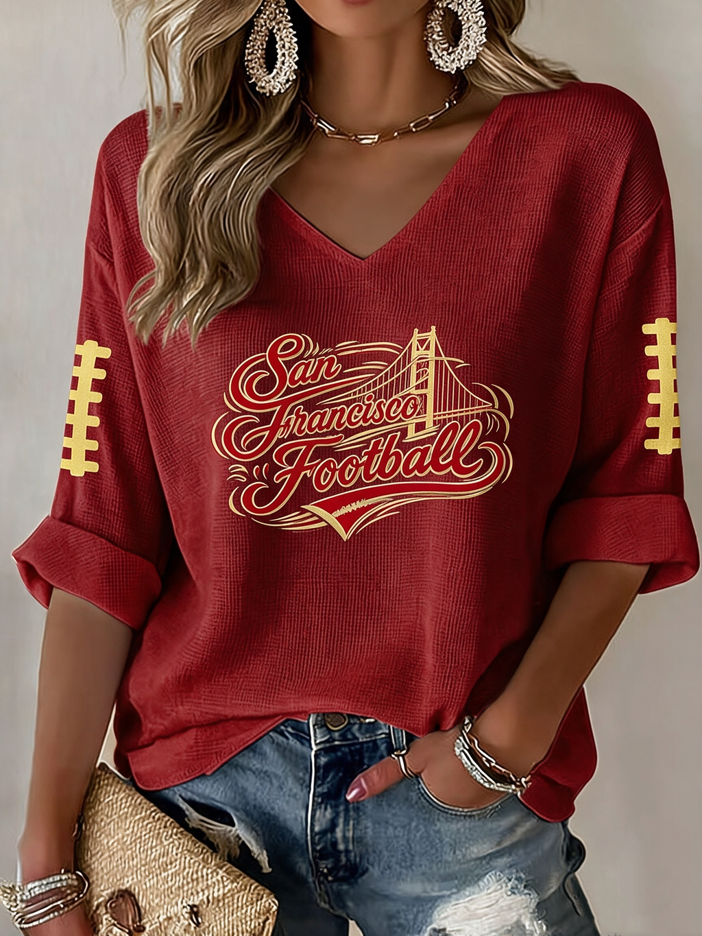 Women'S Football Print Waffle  Top