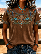 Women's Retro Ethnic Art Printed Round Neck T-Shirt