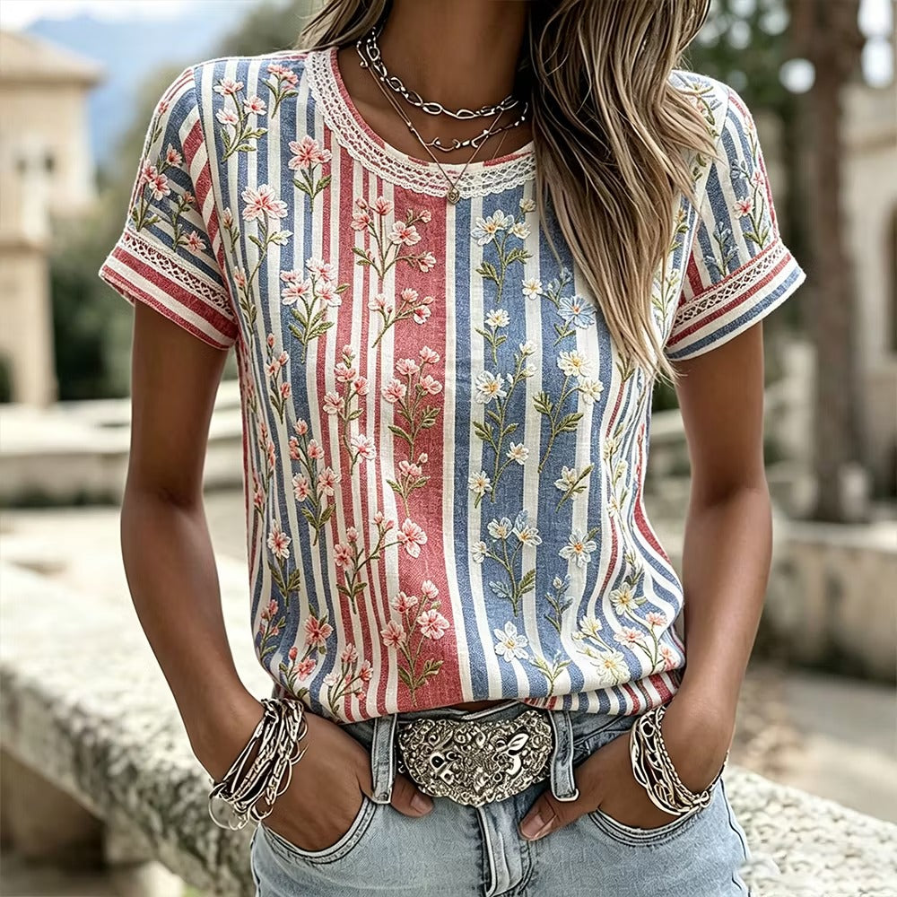 Women's Floral Embroidery Patch Casual Short Sleeved Round Neck Top