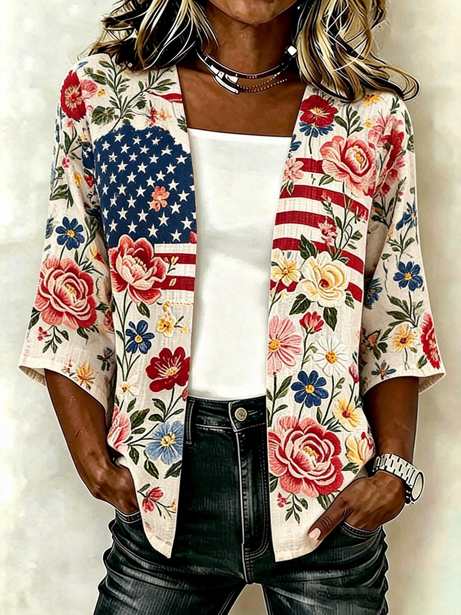Women's casual loose Independence Day patriotic cardigan
