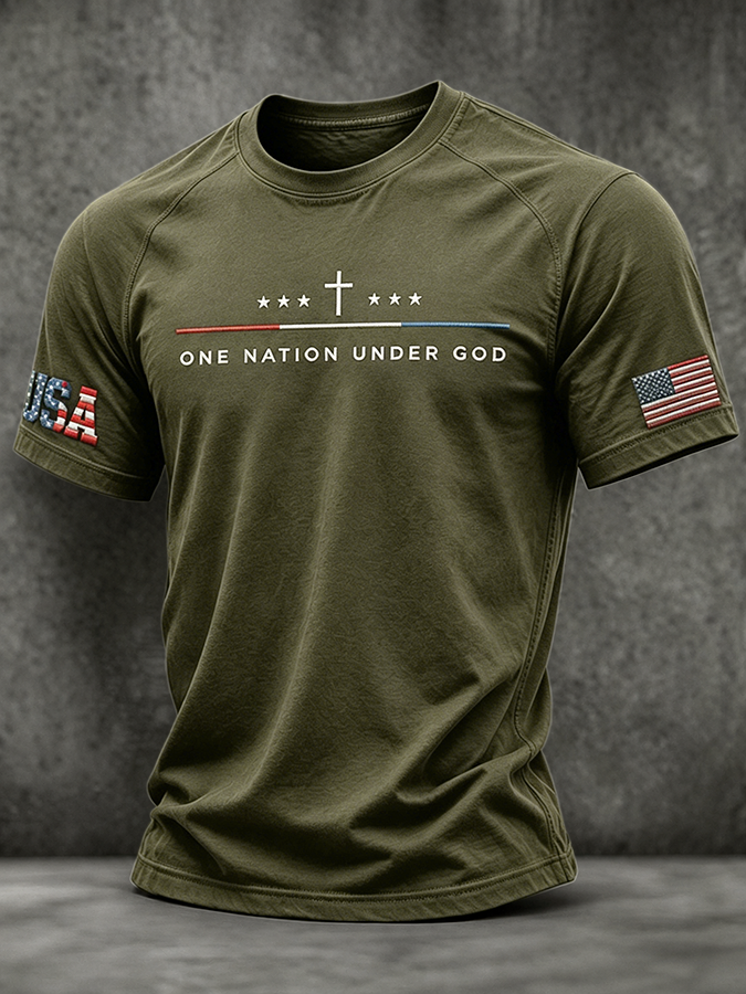 Men's One Nation Under God Cross USA Flag Embroidery Crew Neck Raglan Short Sleeve Patriotic T-Shirt