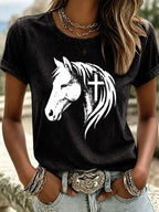Women's Horse Head Cross Printed Casual T-Shirt