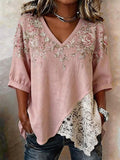 Women'S Casual Plant Flower Art Printed Lace Patchwork V-Neck T-Shirt