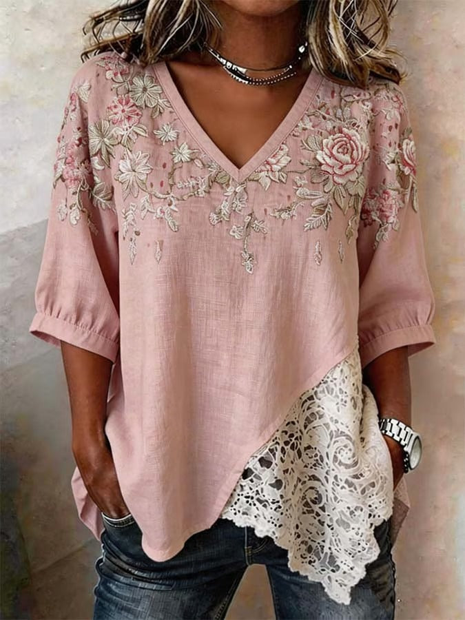 Women'S Casual Plant Flower Art Printed Lace Patchwork V-Neck T-Shirt