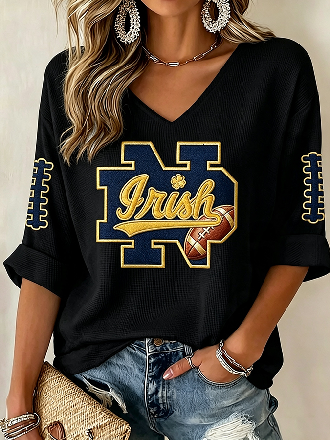 Women'S Rugby Patterned Waffle V-Neck Top