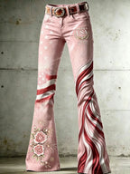 Women's High-Waisted Jeans with Cross, Flag, Butterfly, and Floral Patterns
