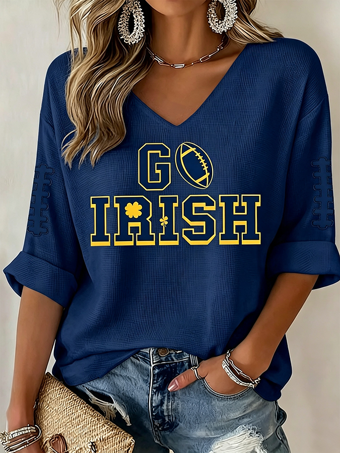 Women'S Rugby Patterned Waffle V-Neck Top
