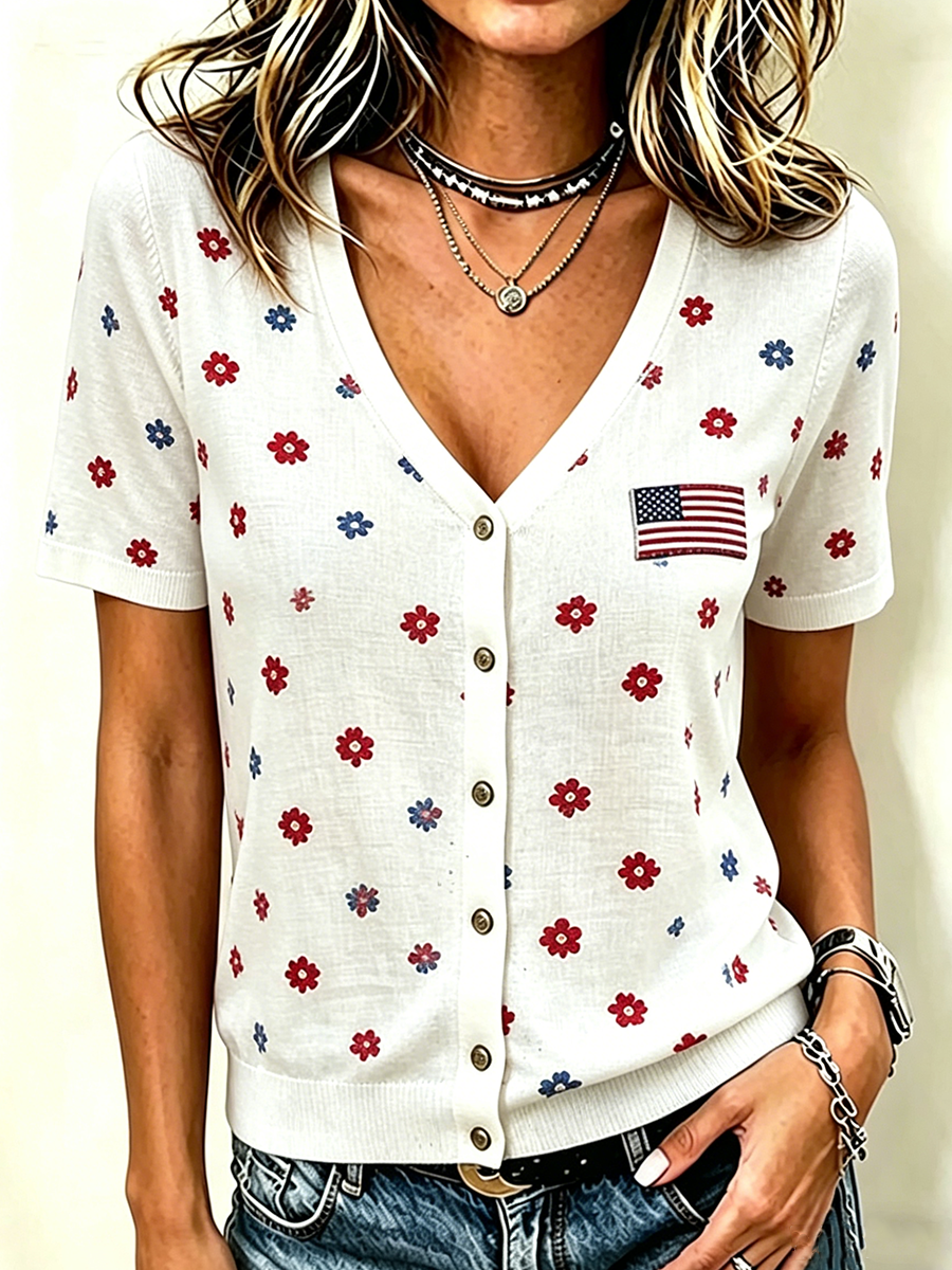 Women'S Retro Independence Day Anniversary Printed Linen Shirt