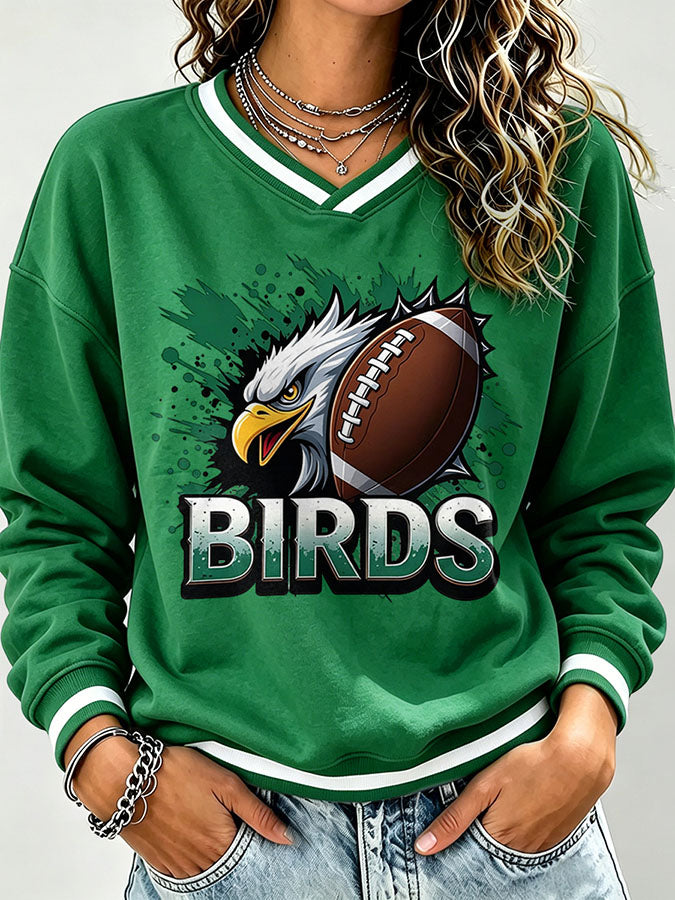 Women's Football Print V-Neck Color Block Sweatshirt