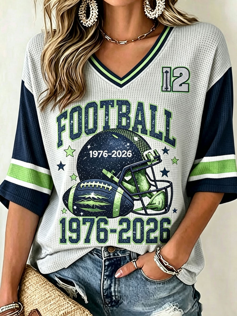 Women'S Seattle Football Vintage Fashion Printed Waffle T-Shirt