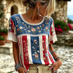Retro Floral Embroidery Patch Casual Short Sleeved Round Neck Top