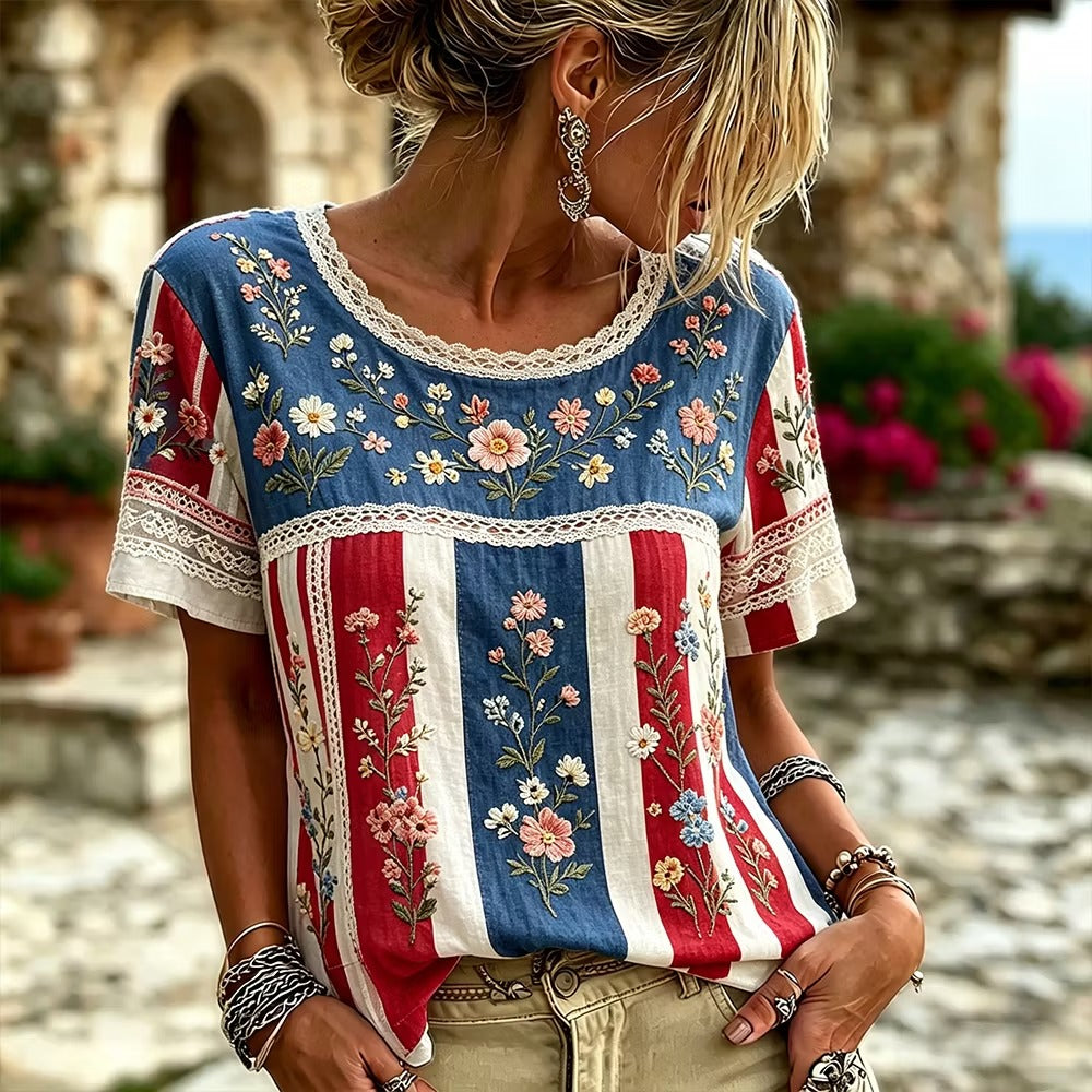 Retro Floral Embroidery Patch Casual Short Sleeved Round Neck Top