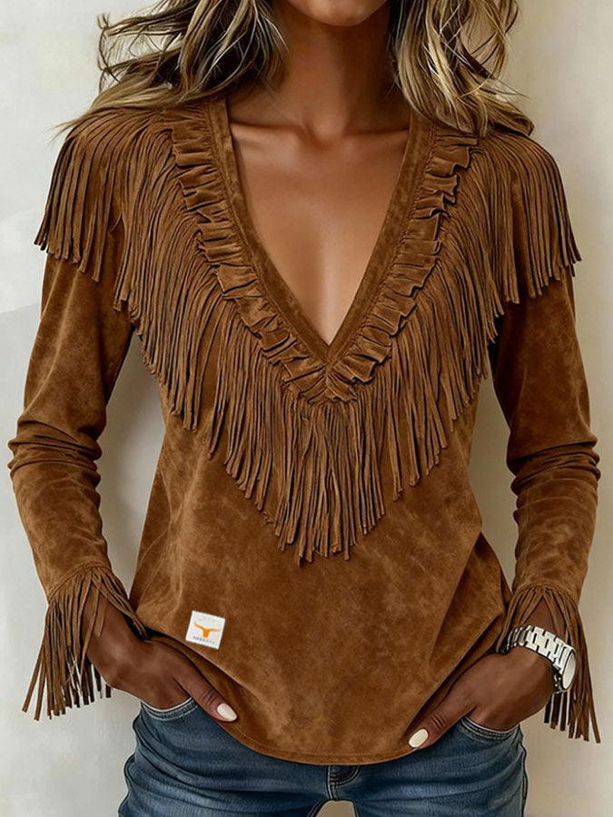Women'S Casual Tassel Suede Autumn And Winter V-Neck Slim Fit Top