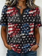 Female Leisure Patriotic Fireworks Flag Button T-Shirt