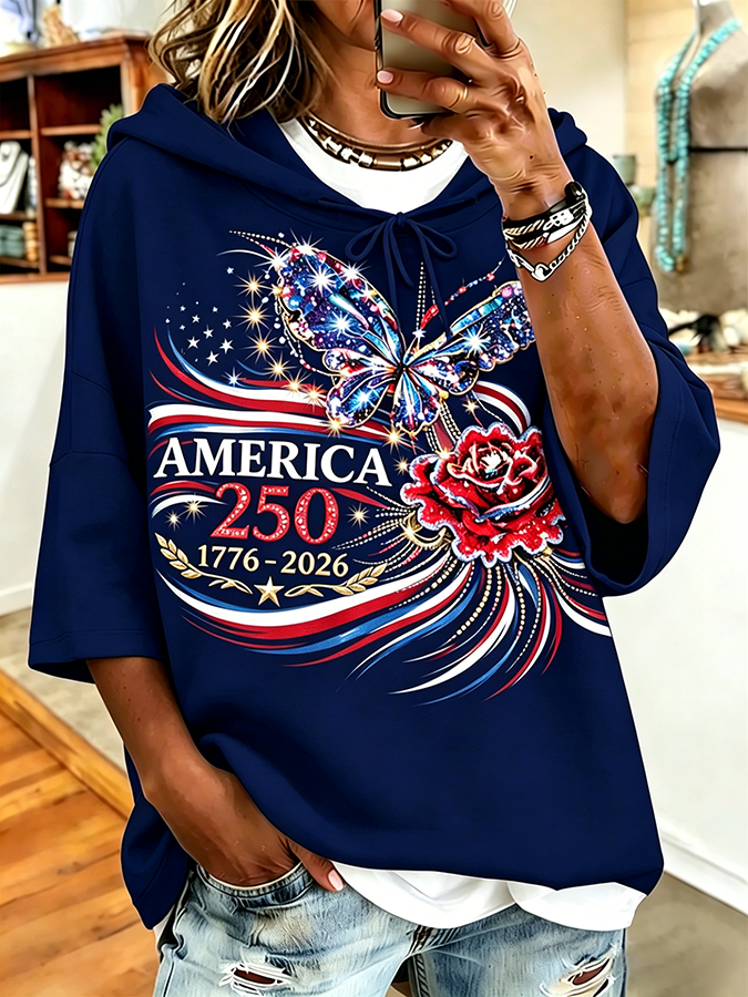 Women's Wear Anniversary American Butterfly Rose Printed Casual Hoodie