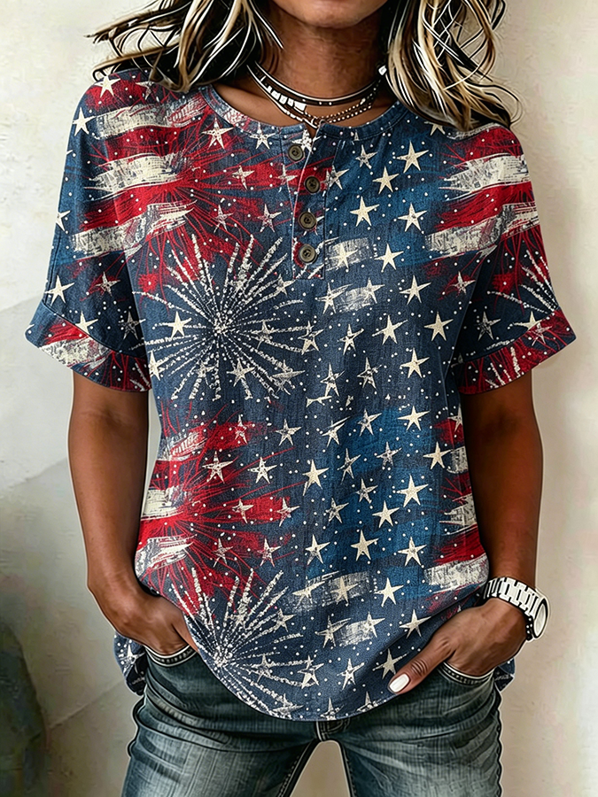 Women'S Casual Independence Day Fireworks Cotton And Linen Button Up Shirt