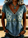 Women's Western Printed V-Neck Casual T-Shirt