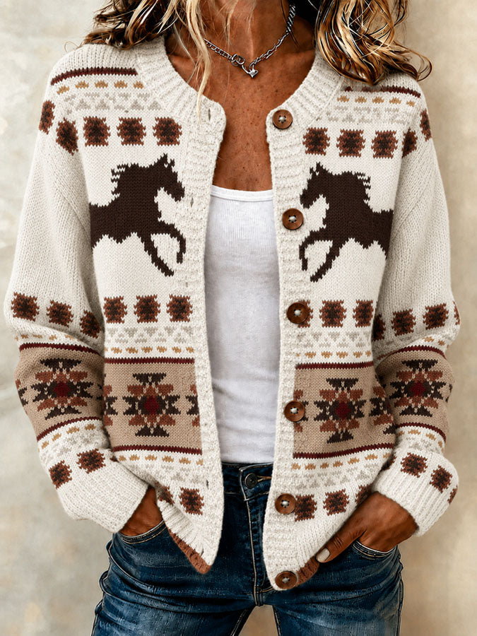 Women's Western Style Printed Knitted Cardigan Top