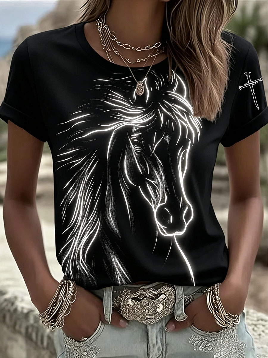 Western Horse Art Faith Printed Round Neck T-shirt