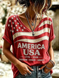 Women's Independence Day Flag Art Cotton Linen Short Sleeve Top