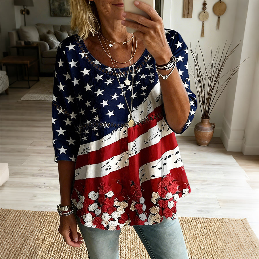 Women's American Flag Printed Cotton and Hemp Top