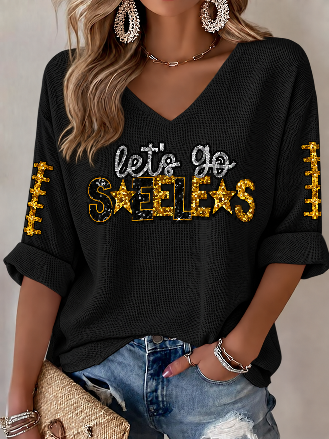Women's Football Printed V-Neck T-Shirt