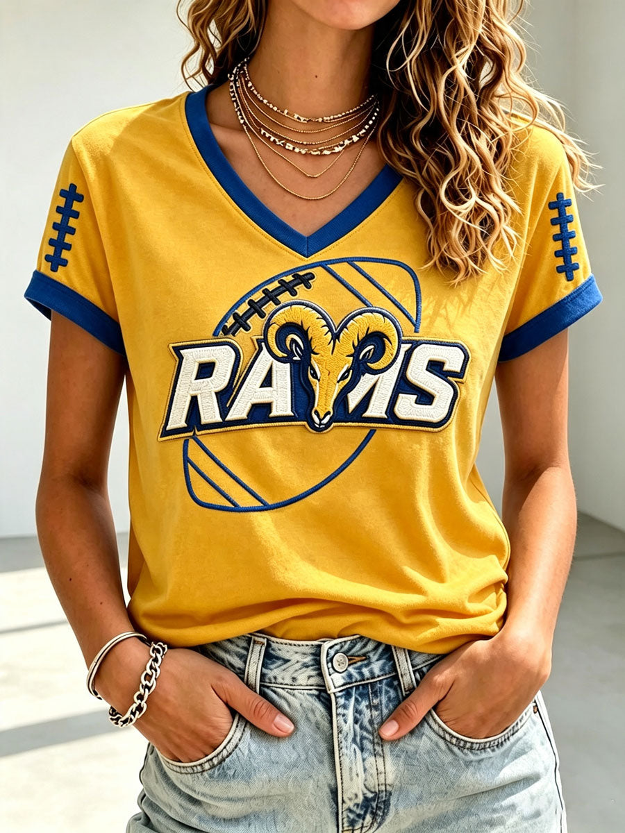 Women's Rams Football Game Print V-Neck T-Shirt