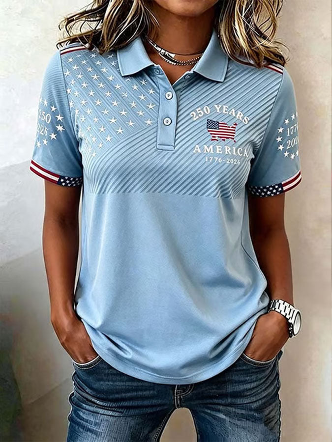 Women'S Casual American Independence Day Printed Polo Shirt Short Sleeved