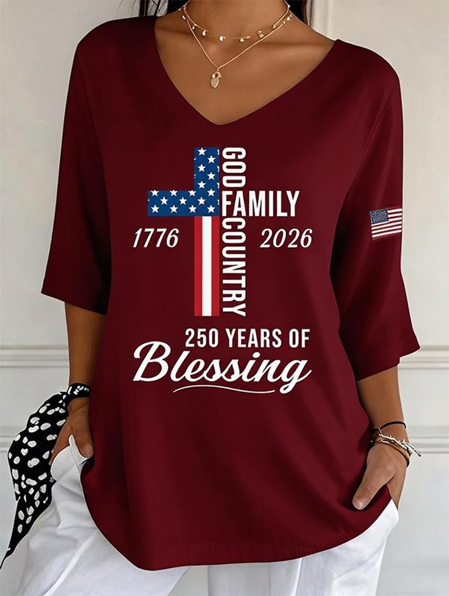 Women's God Family Country Flag Cross V Neck 3/4 Sleeve Casual Tee